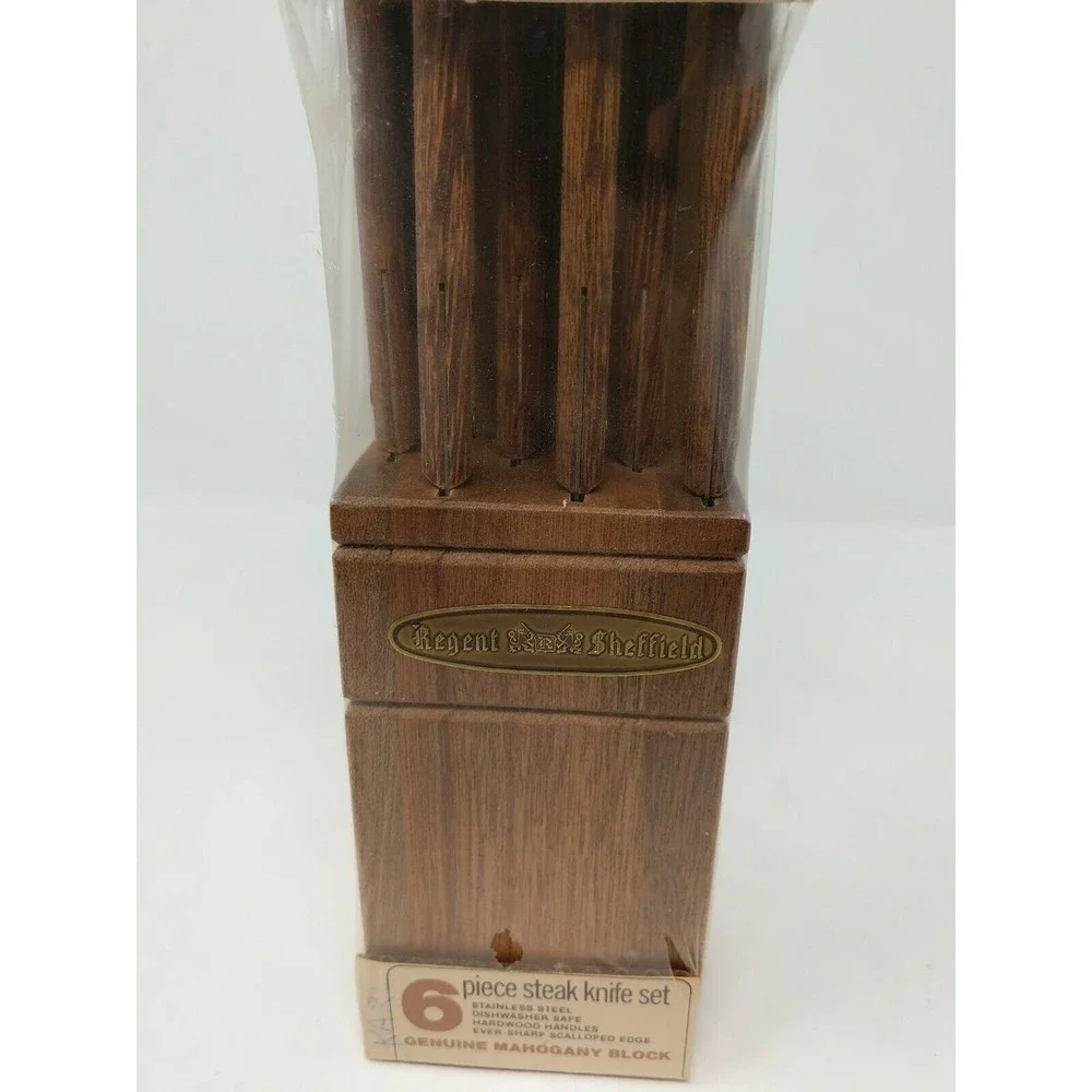 Vintage Regent & Sheffield 6 Piece Steak Knife Set w/ Genuine Mahogany Block NOS